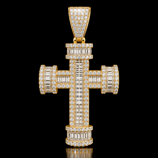 10K Gold Natural Diamond Baguette Cross Charm